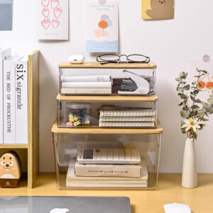 Plastic Transparent Box With Wooden Lid Kitchen Storage Containers Stackable Food Storage Bin